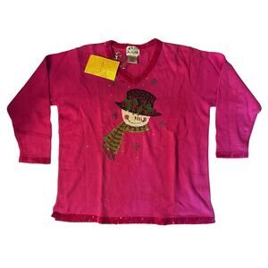 Vintage Quacker Factory Pink Snowman Beaded/Sequin Christmas V-Neck Sweater - 1X